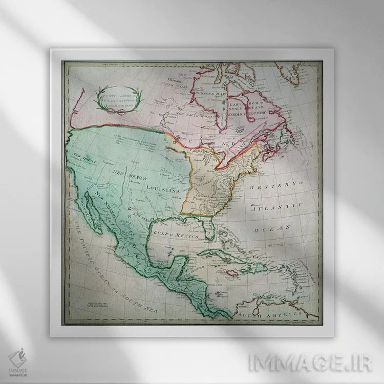 تابلو نقشه آمریکای شمالی، منتشرشده توسط تی. استکهوس، ۱۷۸۳ اثر مکتب انگلیسی (سبک یا جنبش هنری) - نمای قابدار سفید