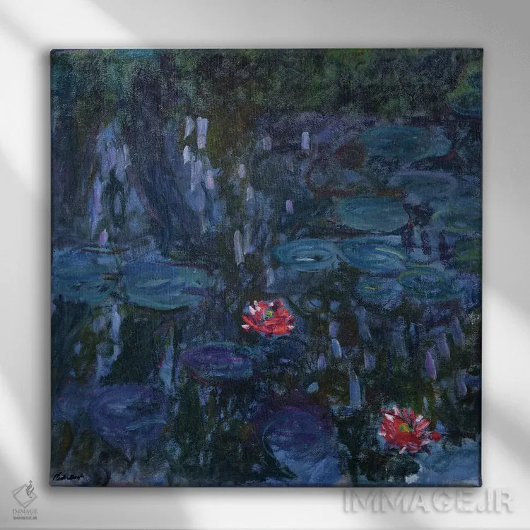 تابلو نیلوفرهای آبی با بازتاب درخت بید، ۱۹۱۶-۱۹ اثر کلود مونه (نقاش معروف فرانسوی) - نمای روبهرو روی دیوار