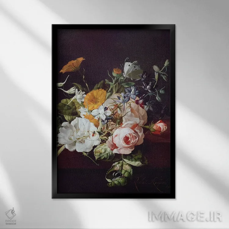 تابلو گلدان گل، ۱۶۹۵ اثر ریچل رویش - نمای قابدار مشکی