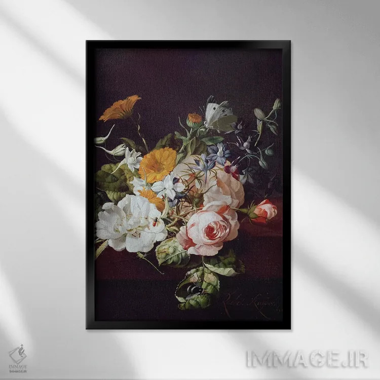 تابلو گلدان گل، ۱۶۹۵ اثر ریچل رویش - نمای قابدار مشکی