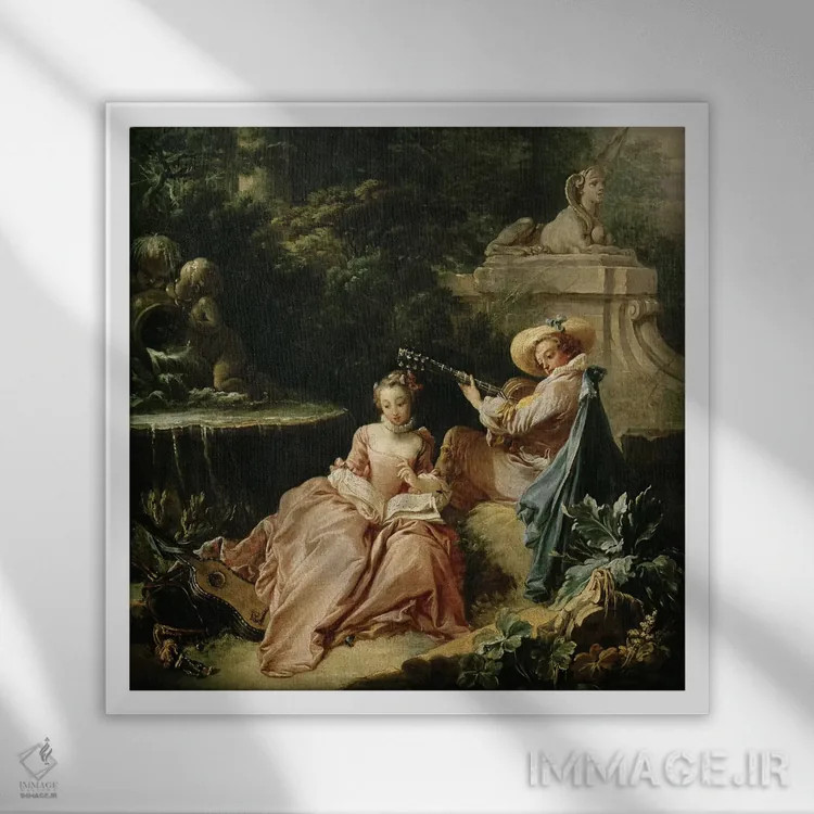 تابلو درس موسیقی، ۱۷۴۹ اثر فرانسوا بوشه (نقاش فرانسوی سبک روکوکو) - نمای قابدار سفید