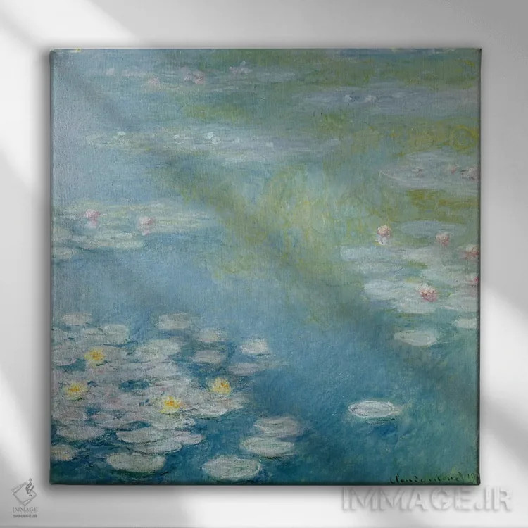 تابلو نیلوفرهای آبی در ژیورنی، ۱۹۰۸ اثر کلود مونه (نقاش معروف فرانسوی) - نمای روبهرو روی دیوار
