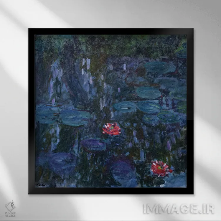 تابلو نیلوفرهای آبی با بازتاب درخت بید، ۱۹۱۶-۱۹ اثر کلود مونه (نقاش معروف فرانسوی) - نمای قابدار مشکی