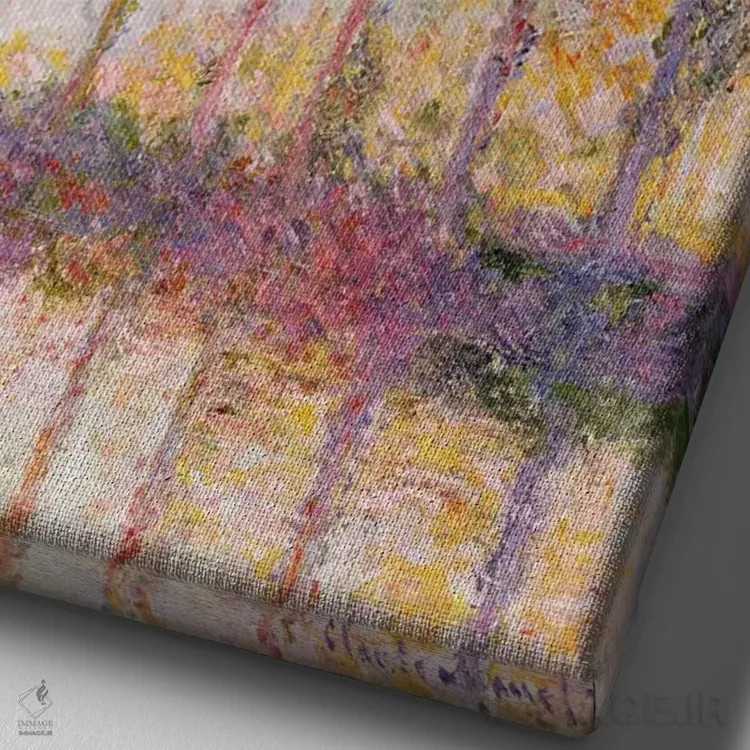 تابلو صنوبرها در کناره رود اپت، ۱۸۹۱ اثر کلود مونه (نقاش معروف فرانسوی) - نمای نزدیک بافت بوم