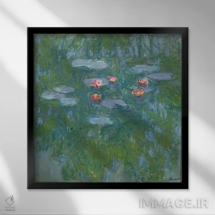تابلو نیلوفرهای آبی، ۱۹۱۶-۱۹ اثر کلود مونه (نقاش معروف فرانسوی) - نمای قابدار مشکی
