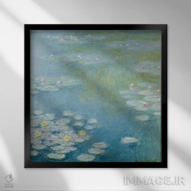 تابلو نیلوفرهای آبی در ژیورنی، ۱۹۰۸ اثر کلود مونه (نقاش معروف فرانسوی) - نمای قابدار مشکی