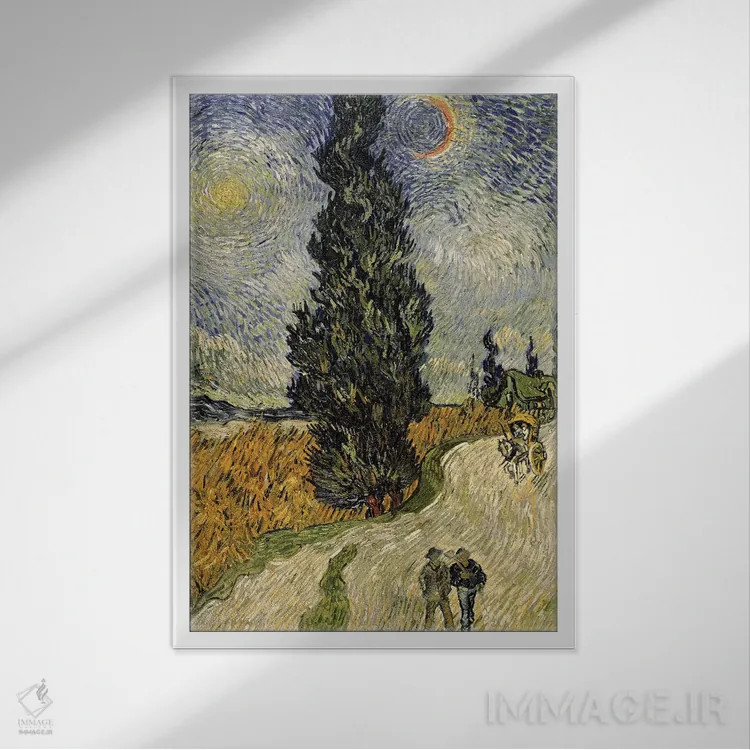 تابلو جاده با سروها، ۱۸۹۰ اثر ونسان ون گوگ (نقاش مشهور هلندی پستامپرسیونیسم) - نمای قابدار سفید