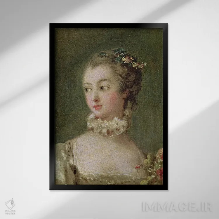 تابلو جزئیات سر و شانه، مادام دو پمپادور اثر فرانسوا بوشه (نقاش فرانسوی سبک روکوکو) - نمای قابدار مشکی