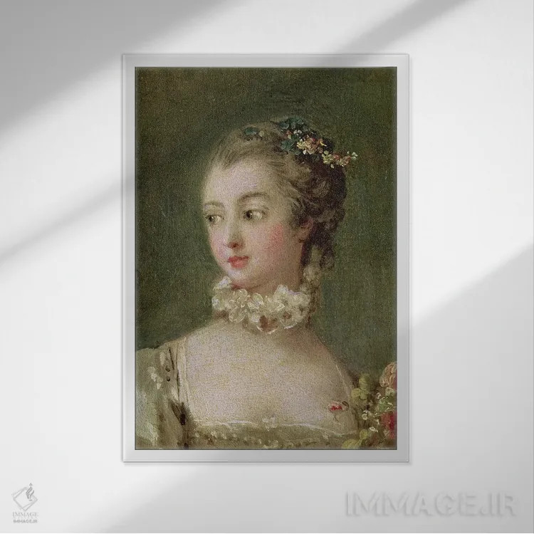 تابلو جزئیات سر و شانه، مادام دو پمپادور اثر فرانسوا بوشه (نقاش فرانسوی سبک روکوکو) - نمای قابدار سفید