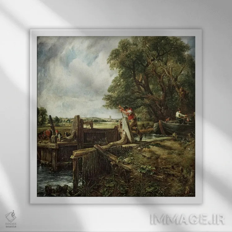 تابلو قفل (دریچه آببند)، ۱۸۲۴ اثر جان کانستبل (نقاش انگلیسی) - نمای قابدار سفید