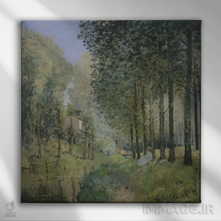 تابلو استراحت کنار جویبار، حاشیهٔ جنگل، ۱۸۷۲ اثر آلفرد سیسلی (نقاش امپرسیونیست انگلیسی-فرانسوی) - نمای روبهرو روی دیوار