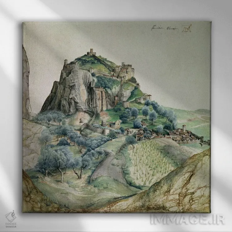 تابلو نمای درهٔ آرکو در تیرول، ۱۴۹۵ اثر آلبریشت دورر (نقاش آلمانی) - نمای روبهرو روی دیوار