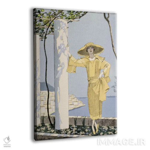 تابلو آمالفی، تصویر زنی با لباس زرد از Worth، ۱۹۲۲ (چاپ چاپی پوچوار) اثر جورج باربیه (طراح و تصویرگر فرانسوی) - نمای پرسپکتیو محصول