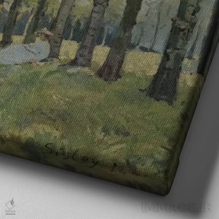 تابلو استراحت کنار جویبار، حاشیهٔ جنگل، ۱۸۷۲ اثر آلفرد سیسلی (نقاش امپرسیونیست انگلیسی-فرانسوی) - نمای نزدیک بافت بوم