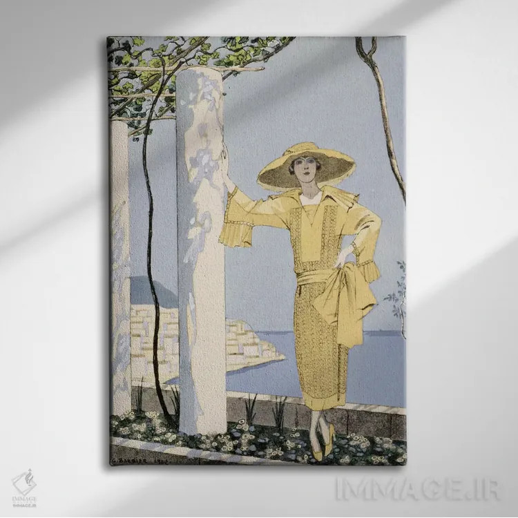 تابلو آمالفی، تصویر زنی با لباس زرد از Worth، ۱۹۲۲ (چاپ چاپی پوچوار) اثر جورج باربیه (طراح و تصویرگر فرانسوی) - نمای روبهرو روی دیوار