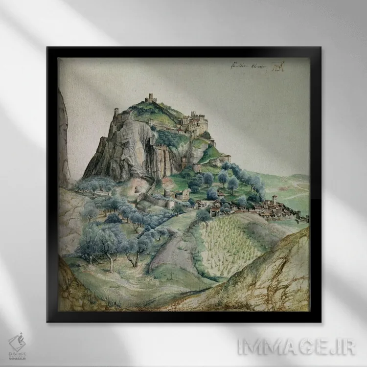 تابلو نمای درهٔ آرکو در تیرول، ۱۴۹۵ اثر آلبریشت دورر (نقاش آلمانی) - نمای قابدار مشکی