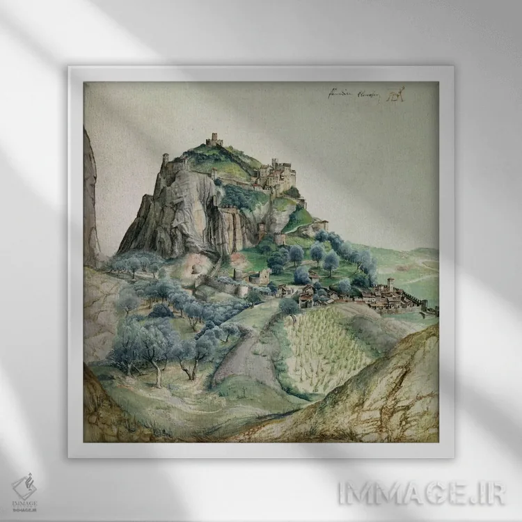 تابلو نمای درهٔ آرکو در تیرول، ۱۴۹۵ اثر آلبریشت دورر (نقاش آلمانی) - نمای قابدار سفید