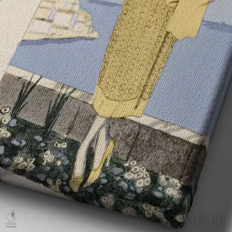 تابلو آمالفی، تصویر زنی با لباس زرد از Worth، ۱۹۲۲ (چاپ چاپی پوچوار) اثر جورج باربیه (طراح و تصویرگر فرانسوی) - نمای نزدیک بافت بوم