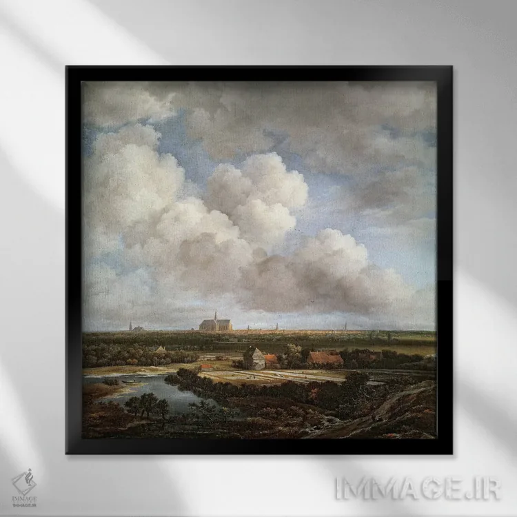 تابلو محوطهٔ سفیدکنندگی در حومهٔ شهری نزدیک هارلم، ۱۶۷۰ اثر جیکوب ایساکس فان رایسدال - نمای قابدار مشکی