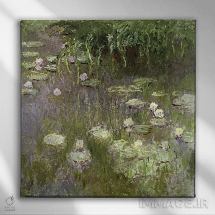 تابلو نیلوفرهای آبی در نیمروز، ۱۹۱۸ اثر کلود مونه (نقاش معروف فرانسوی) - نمای روبهرو روی دیوار