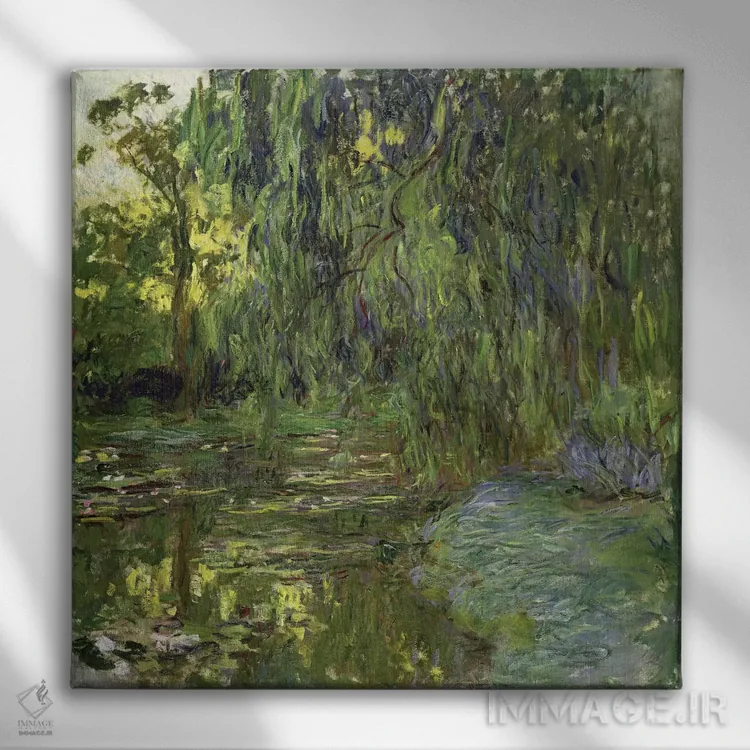 تابلو بیدهای مجنون، حوضچه نیلوفر آبی در ژیورنی، حدود ۱۹۱۸ اثر کلود مونه (نقاش معروف فرانسوی) - نمای روبهرو روی دیوار