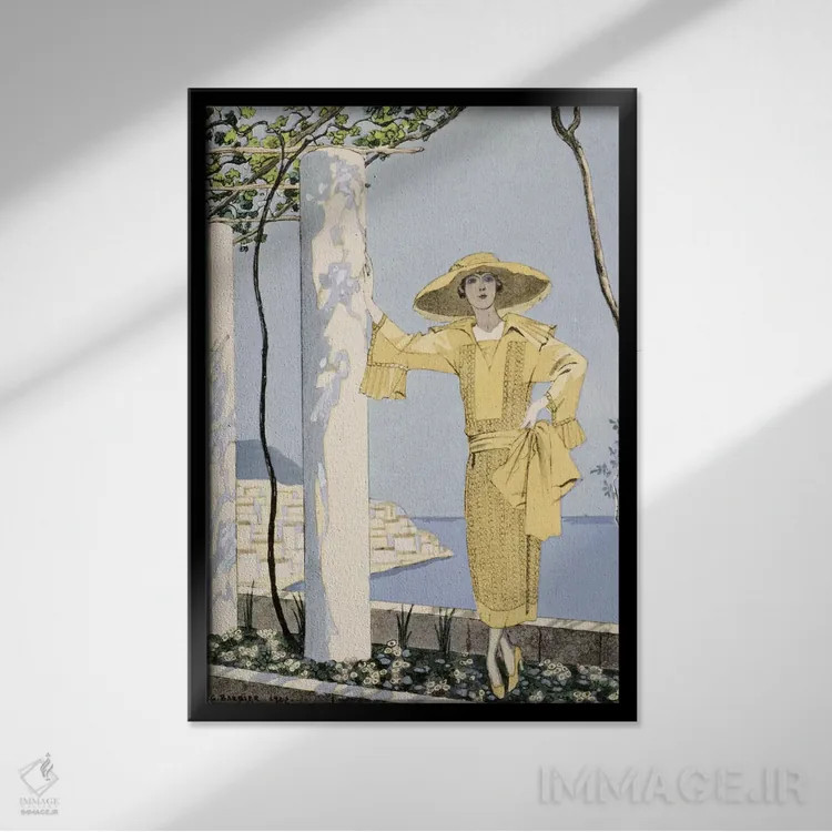 تابلو آمالفی، تصویر زنی با لباس زرد از Worth، ۱۹۲۲ (چاپ چاپی پوچوار) اثر جورج باربیه (طراح و تصویرگر فرانسوی) - نمای قابدار مشکی