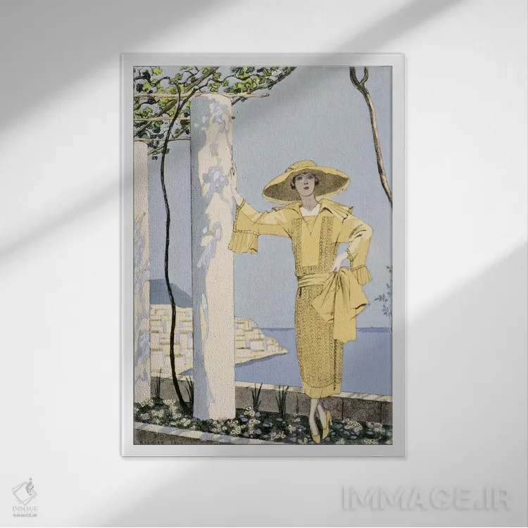 تابلو آمالفی، تصویر زنی با لباس زرد از Worth، ۱۹۲۲ (چاپ چاپی پوچوار) اثر جورج باربیه (طراح و تصویرگر فرانسوی) - نمای قابدار سفید