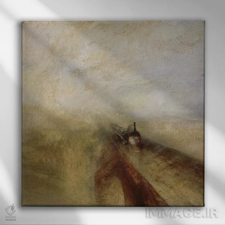 تابلو باران، بخار و سرعت؛ راهآهن بزرگ غربی، پیش از ۱۸۴۴ اثر جی.ام.دبلیو. ترنر (نقاش بزرگ انگلیسی) - نمای روبهرو روی دیوار