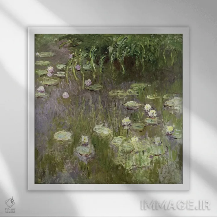 تابلو نیلوفرهای آبی در نیمروز، ۱۹۱۸ اثر کلود مونه (نقاش معروف فرانسوی) - نمای قابدار سفید
