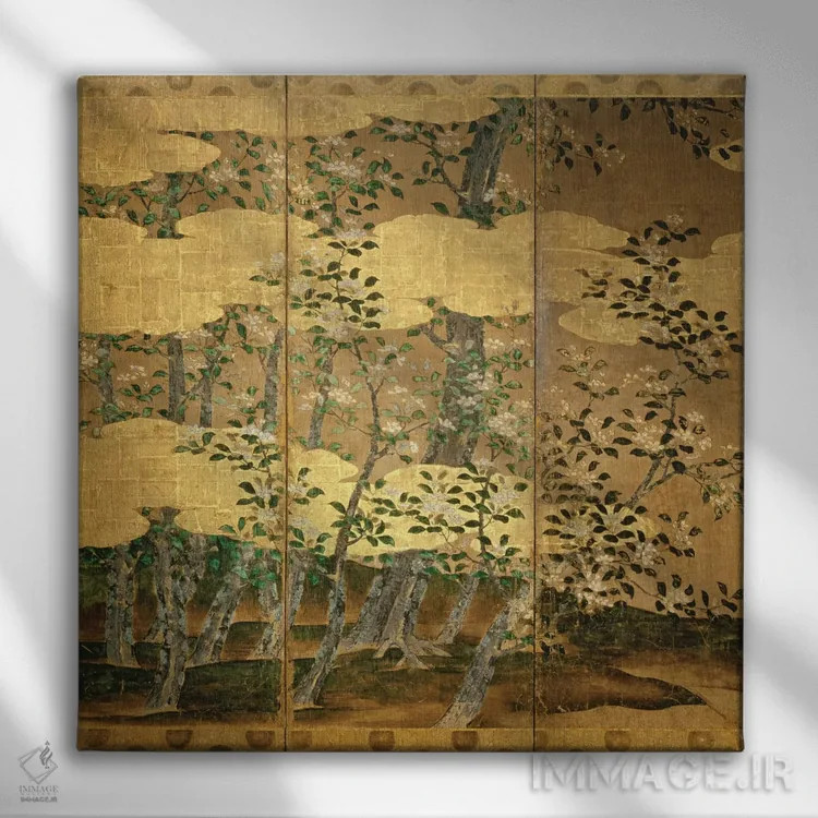 تابلو گلهای کاملیا اثر مکتب ژاپنی (سبک هنری) - نمای روبهرو روی دیوار