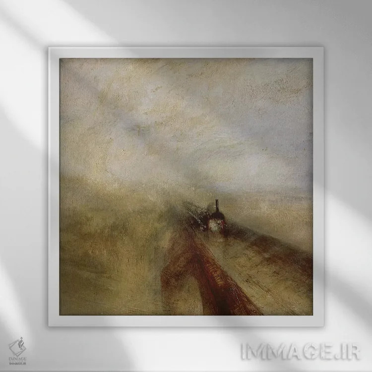 تابلو باران، بخار و سرعت؛ راهآهن بزرگ غربی، پیش از ۱۸۴۴ اثر جی.ام.دبلیو. ترنر (نقاش بزرگ انگلیسی) - نمای قابدار سفید