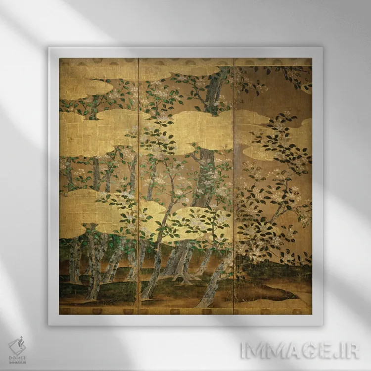 تابلو گلهای کاملیا اثر مکتب ژاپنی (سبک هنری) - نمای قابدار سفید