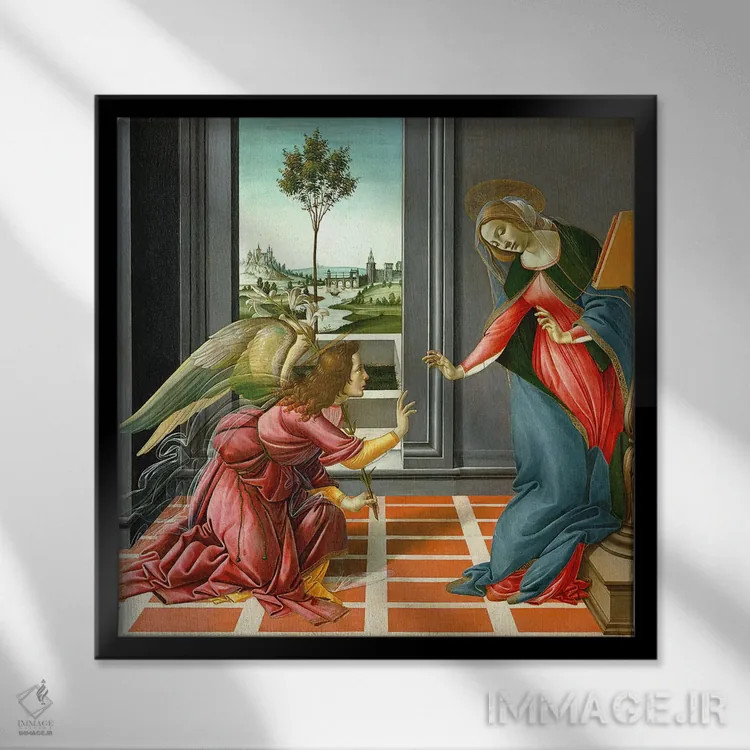 تابلو بشارت چستلو (اثر معنویتی) اثر ساندرو بوتیچلی (نقاش رنسانس ایتالیا) - نمای قابدار مشکی