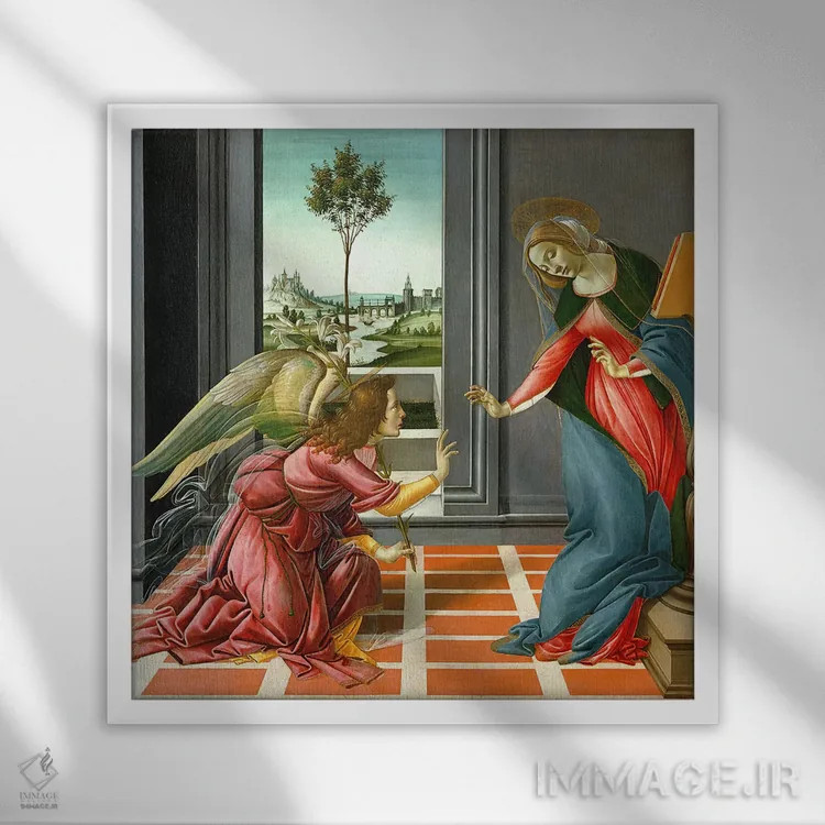 تابلو بشارت چستلو (اثر معنویتی) اثر ساندرو بوتیچلی (نقاش رنسانس ایتالیا) - نمای قابدار سفید