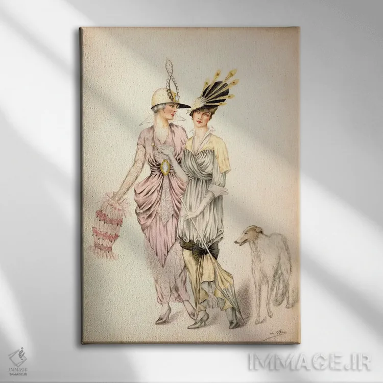 تابلو دو لباس برای مسابقات گودوود، حدود ۱۹۲۰ (چاپ سنگی رنگی) اثر هنرمند ناشناس - نمای روبهرو روی دیوار