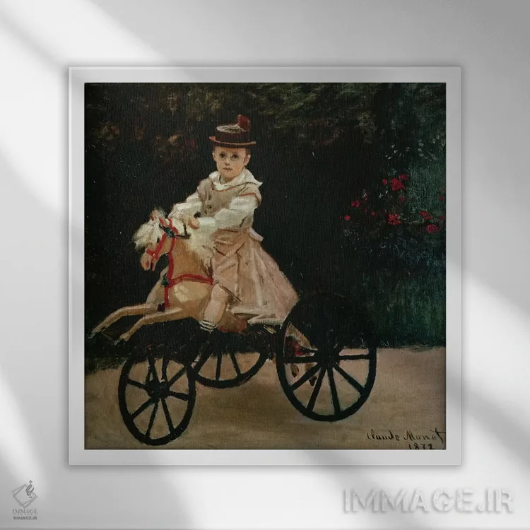 تابلو ژان مونه بر اسب چوبی خود، ۱۸۷۲ اثر کلود مونه (نقاش معروف فرانسوی) - نمای قابدار سفید