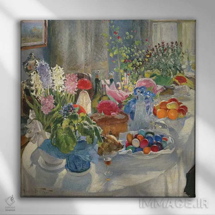 تابلو سفرهٔ عید پاک اثر الکساندر ولادیمیرویچ ماکوفسکی - نمای روبهرو روی دیوار