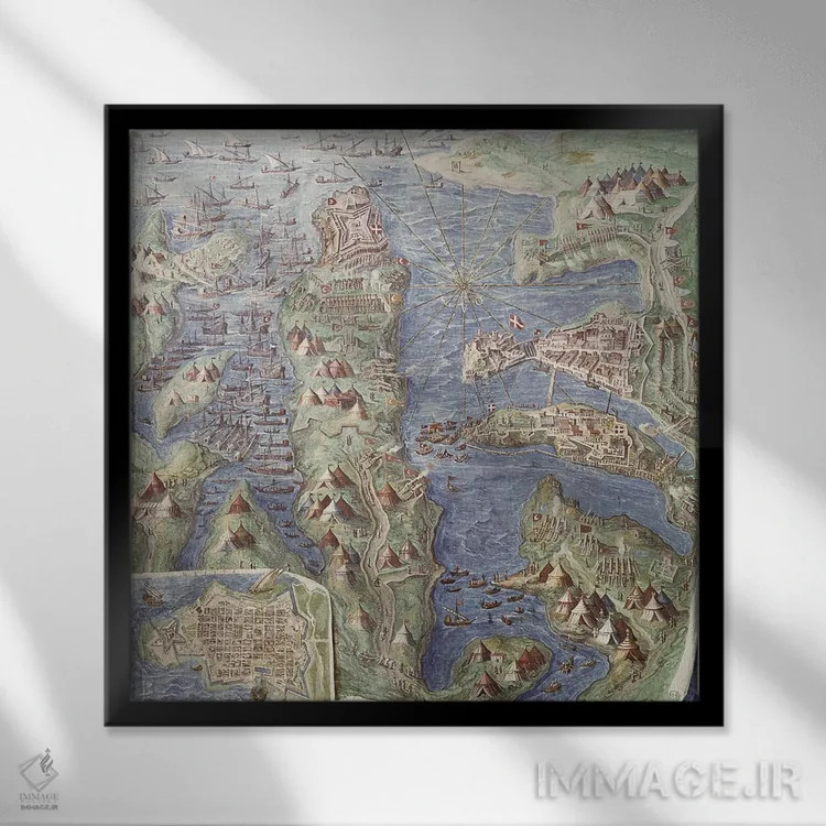 تابلو محاصرهٔ مالت (جزئیات از "گالری نقشهها")، ۱۵۸۰-۸۳ اثر مکتب ایتالیایی (سبک هنری) - نمای قابدار مشکی