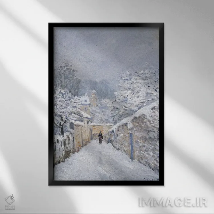 تابلو برف در لووسین، ۱۸۷۸ اثر آلفرد سیسلی (نقاش امپرسیونیست انگلیسی-فرانسوی) - نمای قابدار مشکی