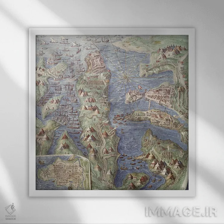 تابلو محاصرهٔ مالت (جزئیات از "گالری نقشهها")، ۱۵۸۰-۸۳ اثر مکتب ایتالیایی (سبک هنری) - نمای قابدار سفید