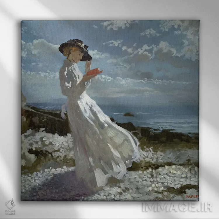 تابلو گریس در حال مطالعه در خلیج هوث اثر سر ویلیام اورپن (نقاش ایرلندی) - نمای روبهرو روی دیوار