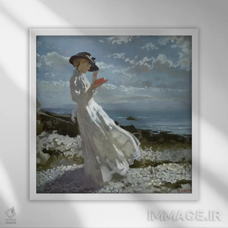 تابلو گریس در حال مطالعه در خلیج هوث اثر سر ویلیام اورپن (نقاش ایرلندی) - نمای قابدار سفید