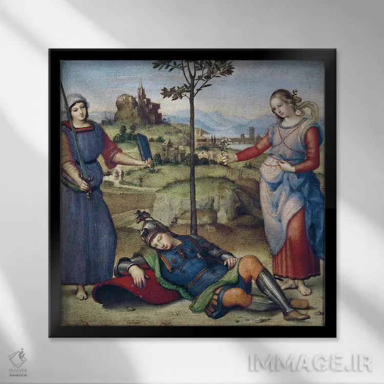 تابلو رؤیای یک شوالیه، حدود ۱۵۰۴ اثر رافائل (نقاش مشهور رنسانس) - نمای قابدار مشکی