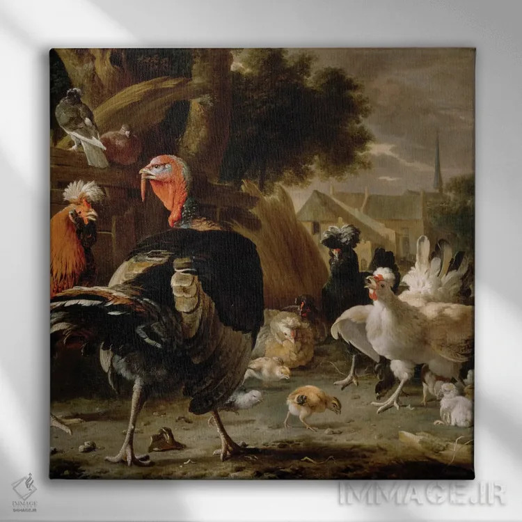 تابلو حیاط مرغداری، حدود ۱۶۶۸ اثر ملکیور ده هوندهکوتر (نقاش هلندی) - نمای روبهرو روی دیوار