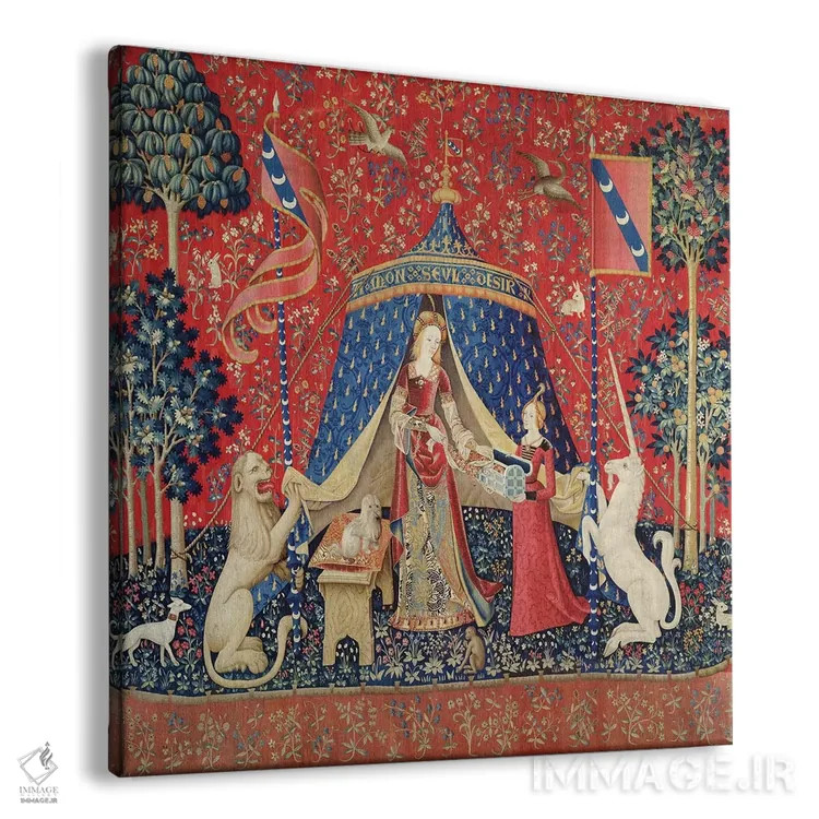 تابلو بانوی و تکشاخ: "تنها خواسته من" اثر مکتب فرانسوی (سبک یا جریان هنری) - نمای پرسپکتیو محصول