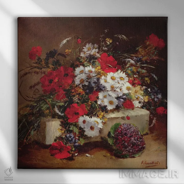 تابلو شقایقها و گلهای مروارید اثر اوژن آنری کوشوآ - نمای روبهرو روی دیوار
