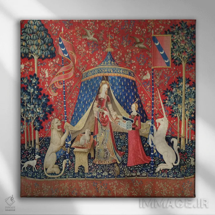 تابلو بانوی و تکشاخ: "تنها خواسته من" اثر مکتب فرانسوی (سبک یا جریان هنری) - نمای روبهرو روی دیوار