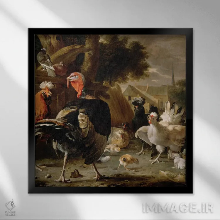 تابلو حیاط مرغداری، حدود ۱۶۶۸ اثر ملکیور ده هوندهکوتر (نقاش هلندی) - نمای قابدار مشکی
