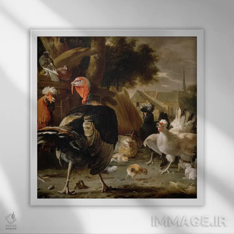 تابلو حیاط مرغداری، حدود ۱۶۶۸ اثر ملکیور ده هوندهکوتر (نقاش هلندی) - نمای قابدار سفید
