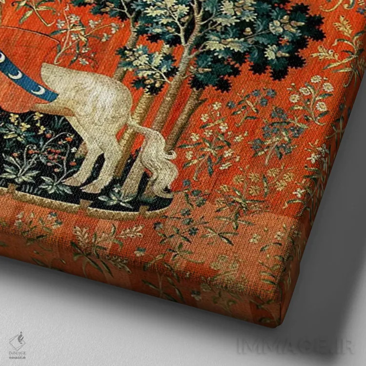 تابلو بانوی و تکشاخ: "لمس" اثر مکتب فرانسوی (سبک یا جریان هنری) - نمای نزدیک بافت بوم